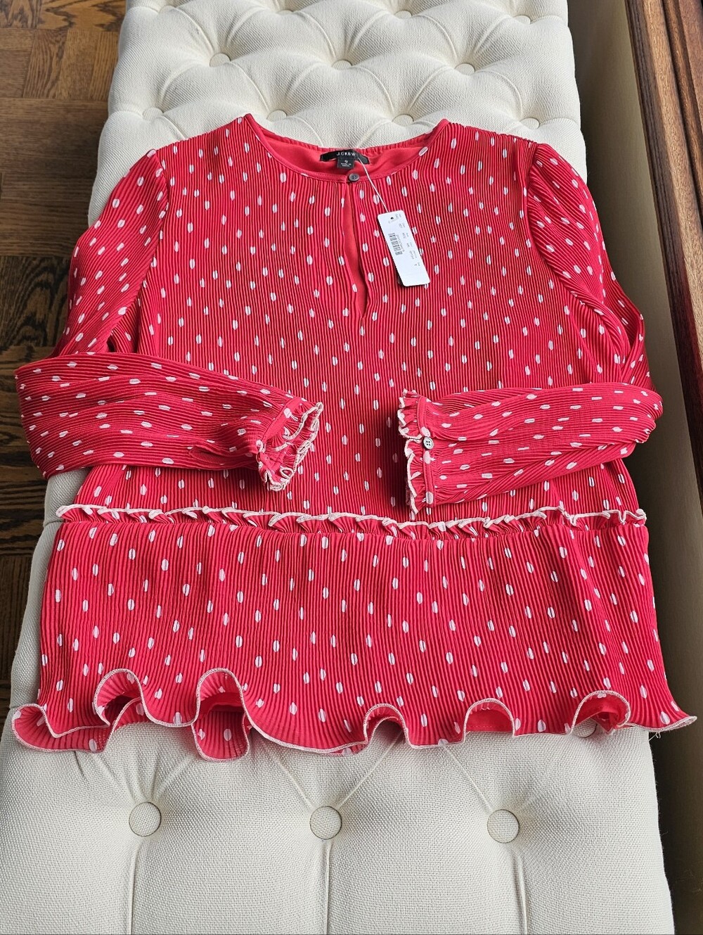 New! J.Crew Sz S Ruffle-trim Pleated Peplum Top Red Polka Dot Women’s Blouse NWT